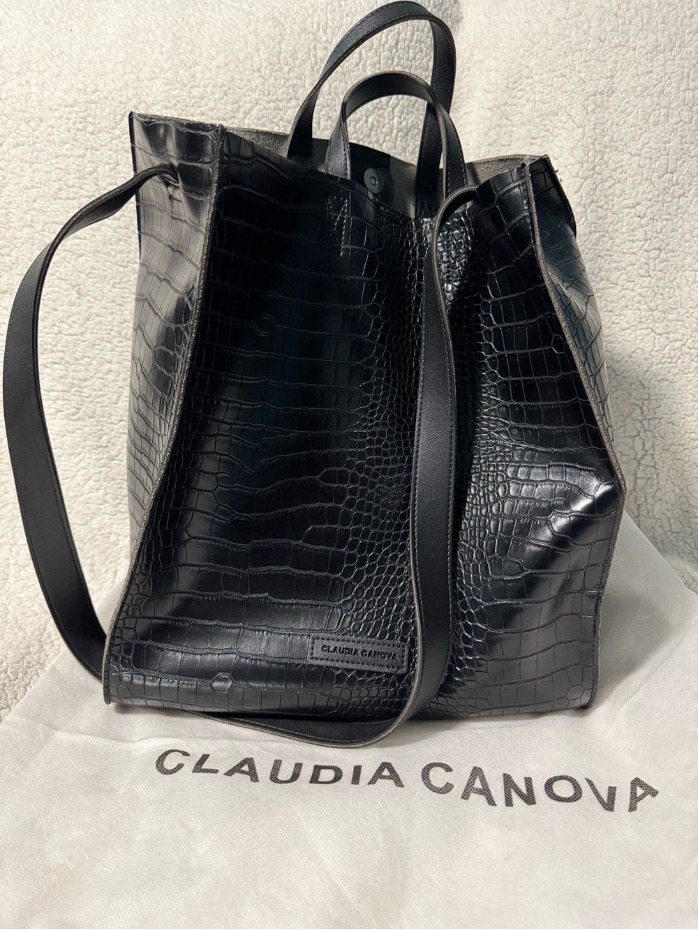 Black Croc-Embossed Tote Bag